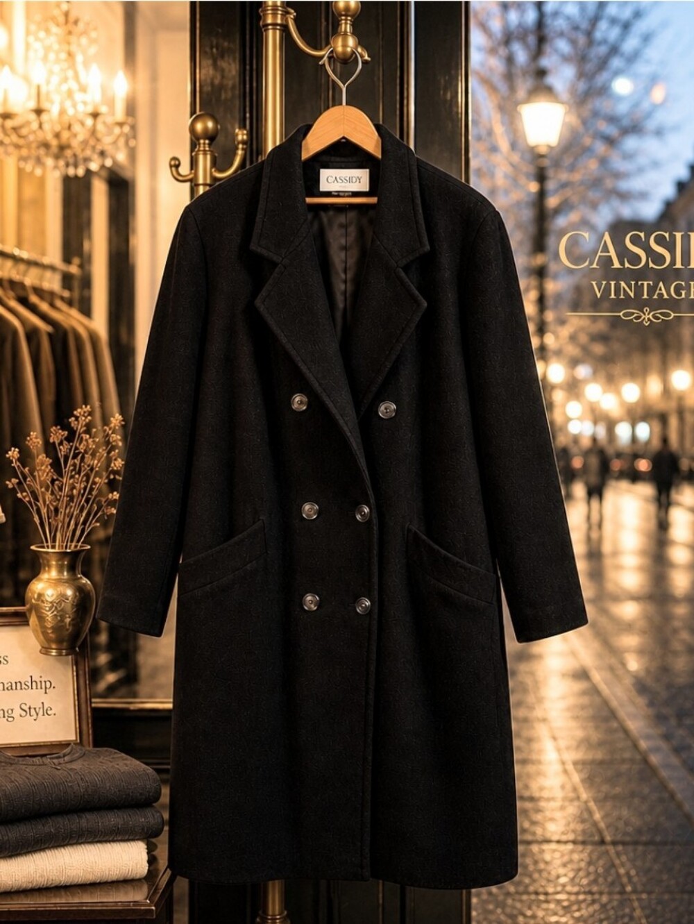 Vintage Size 10 Black Double Breasted 100% Wool Coat